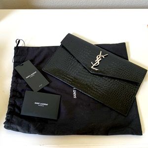 YSL medium pouch in black croc embossed